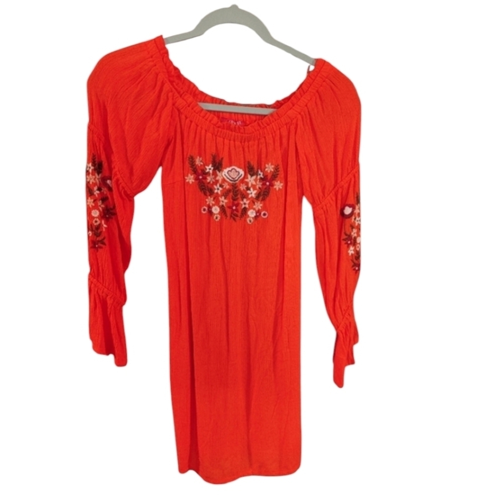 GUESS Presley Off Shoulder Embroidered Dress XS Fiesta Orange Boho Floral NWT - Picture 2 of 8